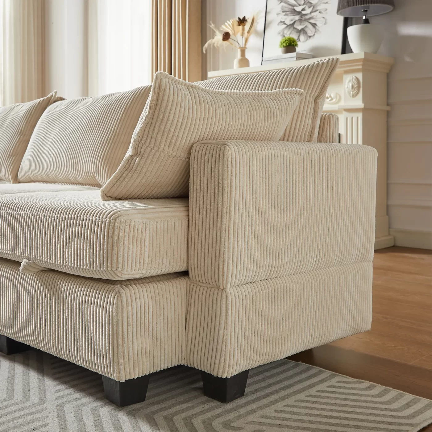 113.5'' Modular Sectiona Corduroy Sofa, Sectional Couches for Living Room U Shaped Sectional Couch with Storage Ottoman, 6 Seats Convertible Sectionals with Chaise