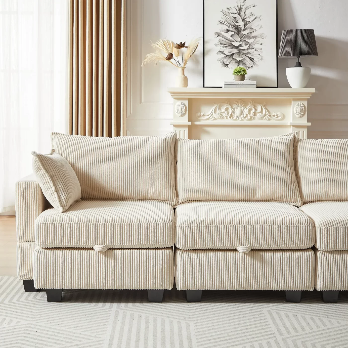 113.5'' Modular Sectiona Corduroy Sofa, Sectional Couches for Living Room U Shaped Sectional Couch with Storage Ottoman, 6 Seats Convertible Sectionals with Chaise