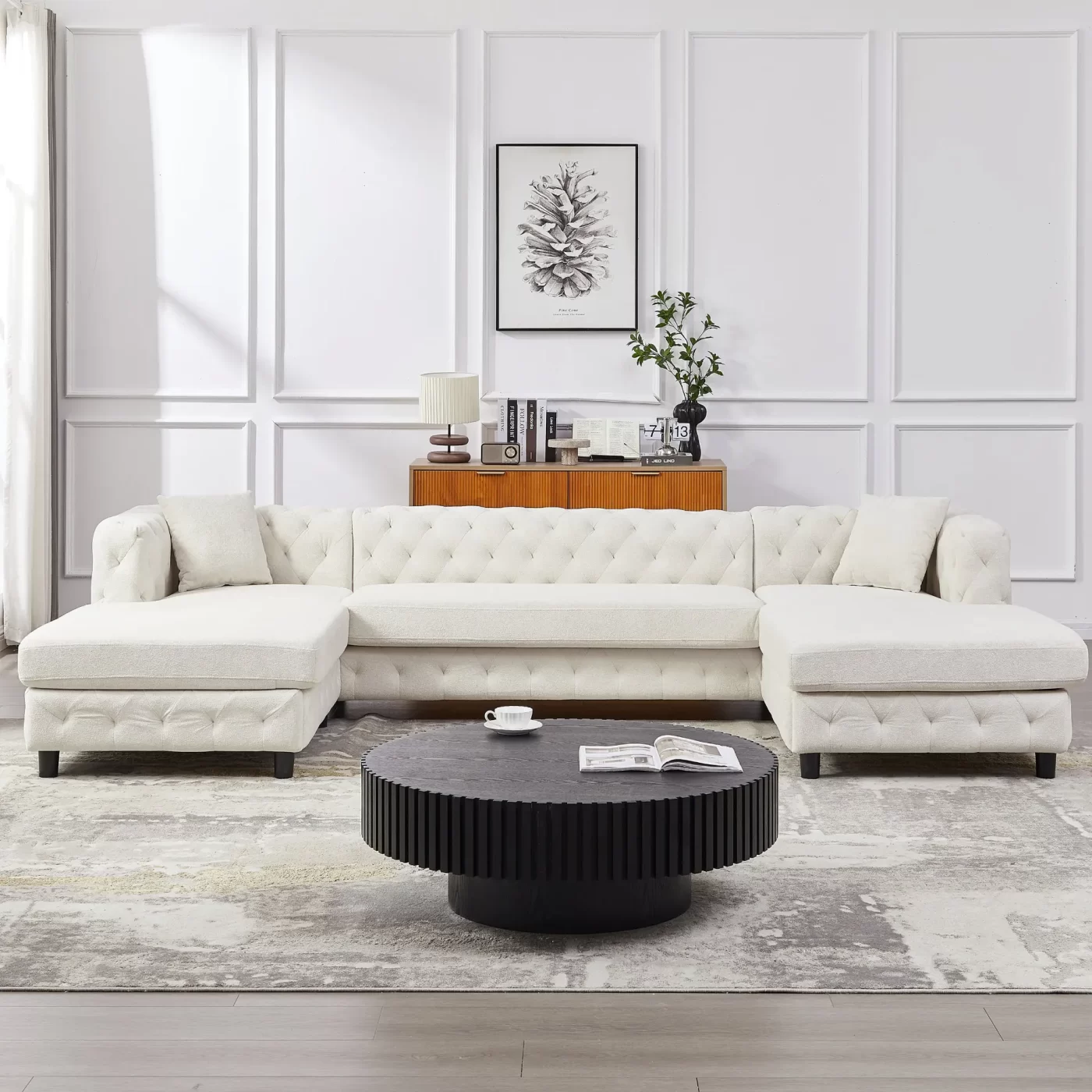 126-inch Modern Style Chenille Three Piece Sofa, Pull Point Design U-shaped Sofa two Chaise Longue Seats, two Pillows and Plastic Feet, Suitable for Living room, Bedroom, Lounge and Projection Room