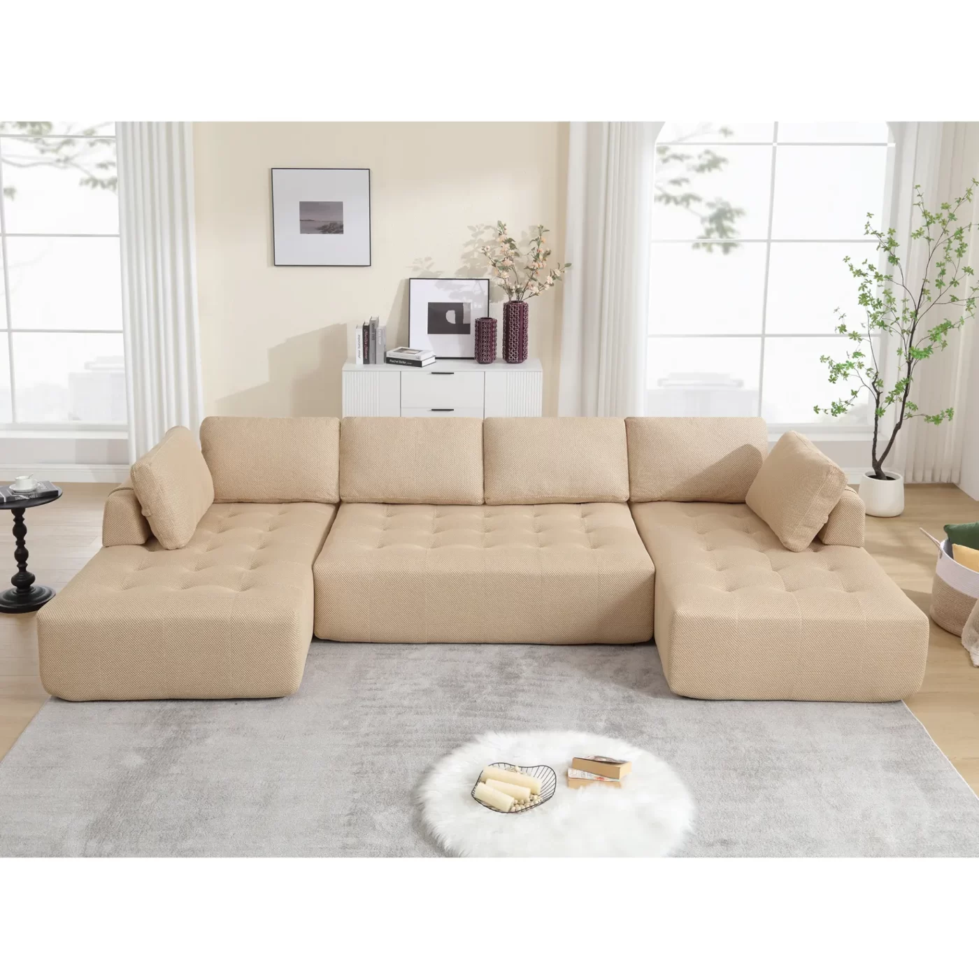 138.5 "Modular Combination Sofa, U-shaped Sofa, Living Room, Apartment, Upholstered ,6-seat Sofa, Free Combination Sofa (Mesh Fabric), Breathable Fabric, Khaki