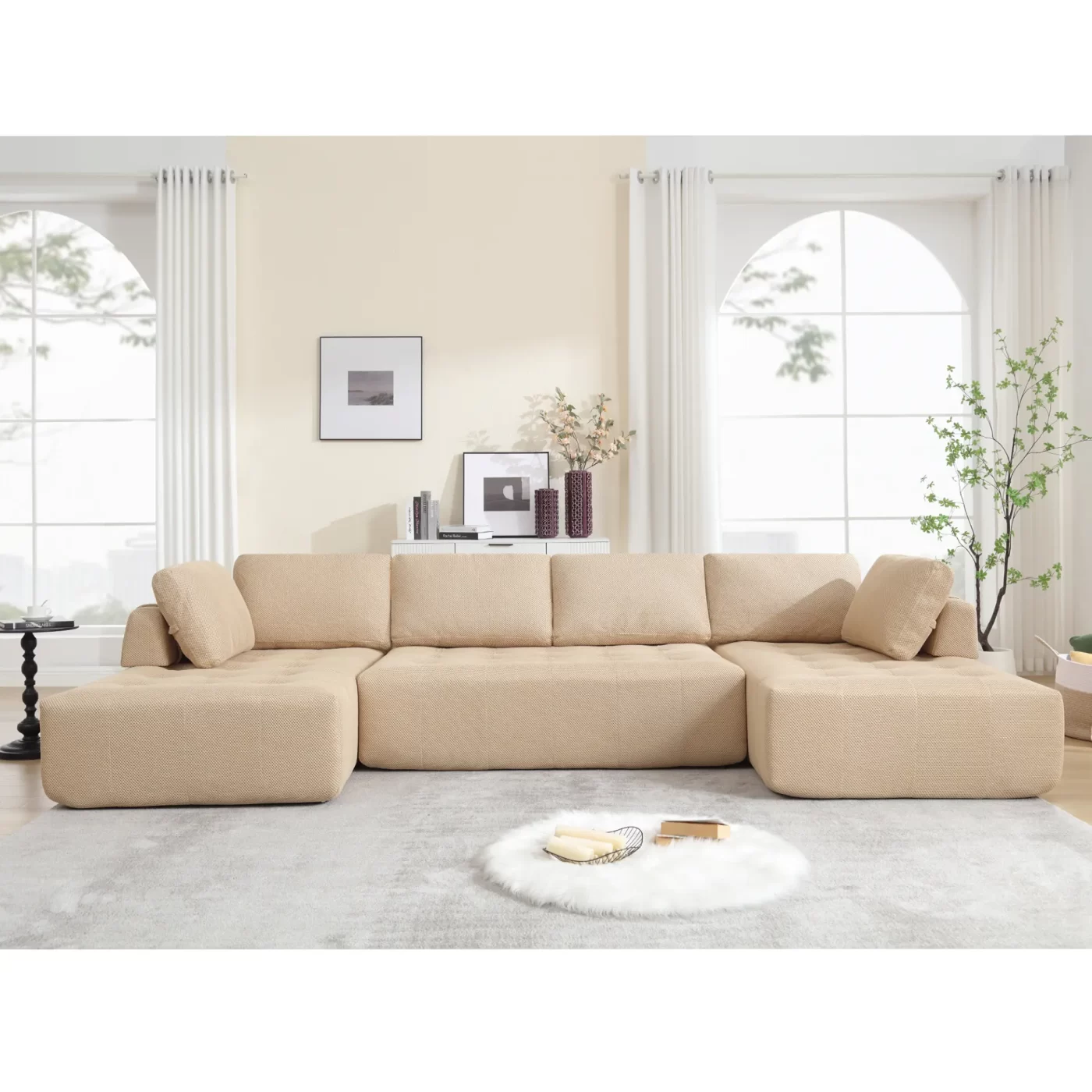 138.5 "Modular Combination Sofa, U-shaped Sofa, Living Room, Apartment, Upholstered ,6-seat Sofa, Free Combination Sofa (Mesh Fabric), Breathable Fabric, Khaki