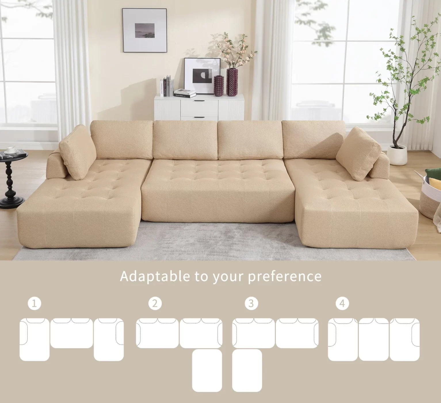 138.5 "Modular Combination Sofa, U-shaped Sofa, Living Room, Apartment, Upholstered ,6-seat Sofa, Free Combination Sofa (Mesh Fabric), Breathable Fabric, Khaki