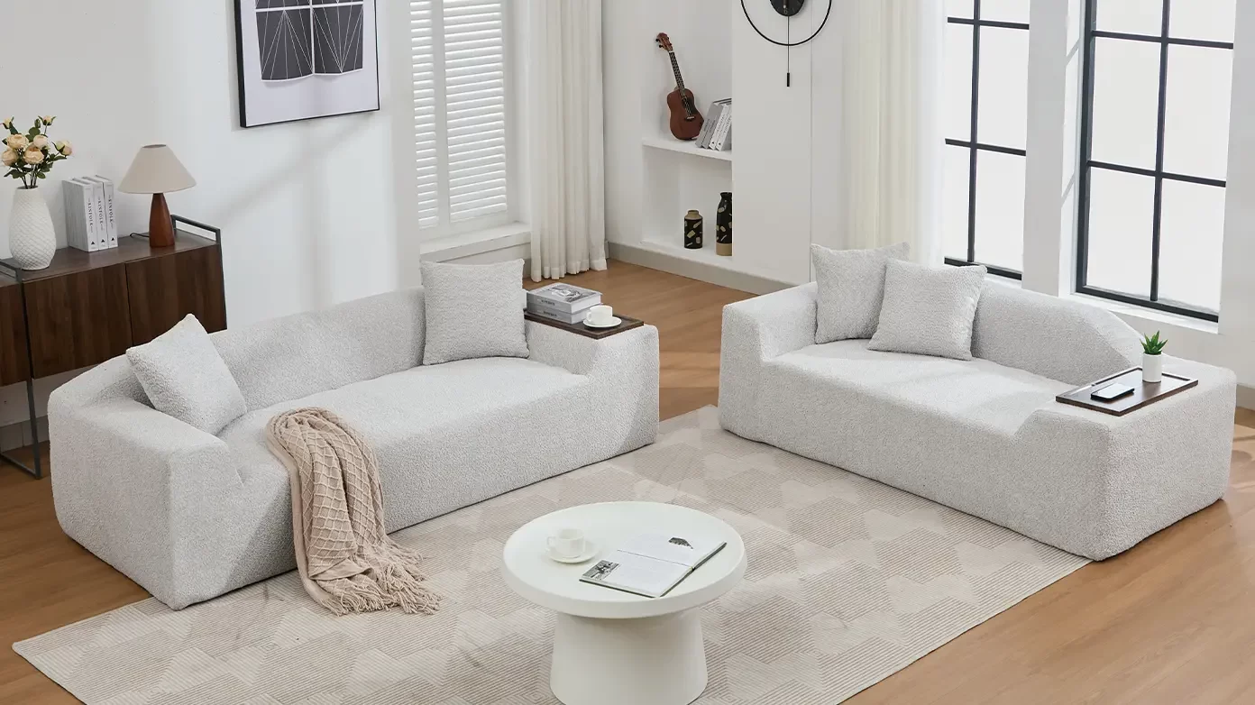 2 Piece Boucle Cloud Sofa Set, Upholstered Sofa Set, Modern 3 Seater and 2 Seater Sofa with MDF End Table for Living Room ,Apartment,3+2 couch,Boucle, Light Gray