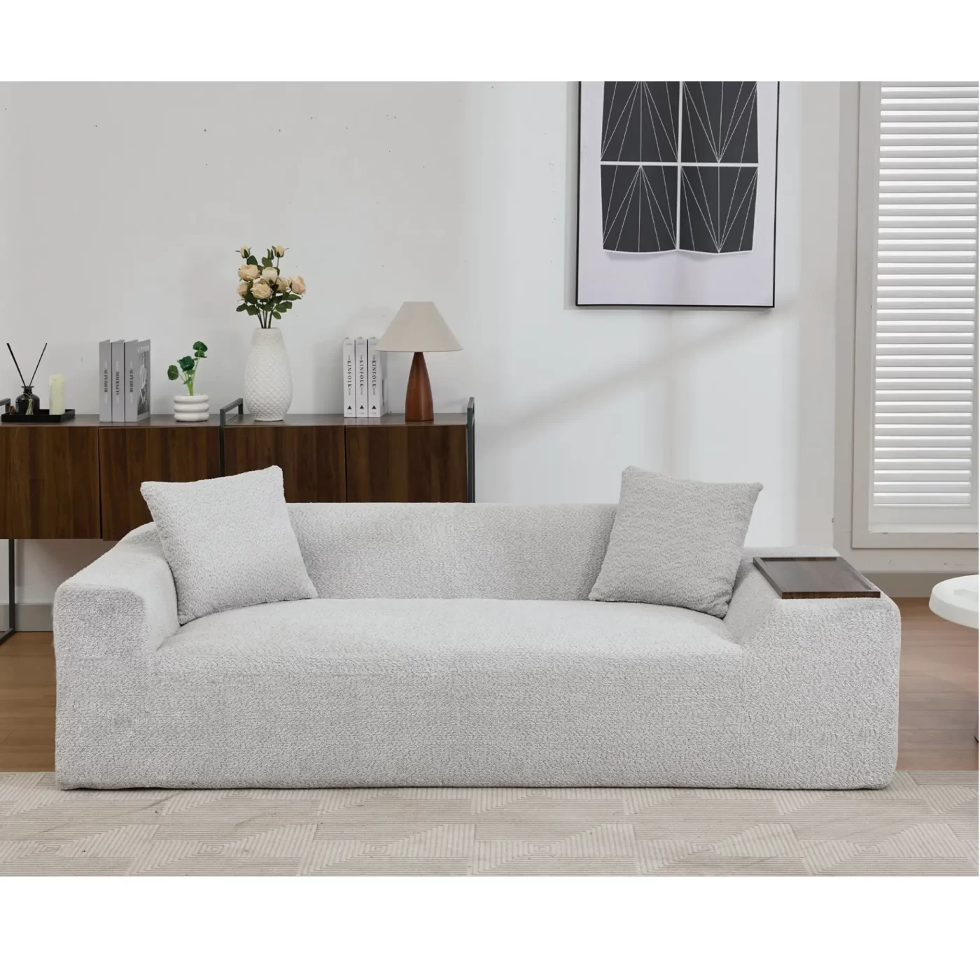 2 Piece Boucle Cloud Sofa Set, Upholstered Sofa Set, Modern 3 Seater and 2 Seater Sofa with MDF End Table for Living Room ,Apartment,3+2 couch,Boucle, Light Gray
