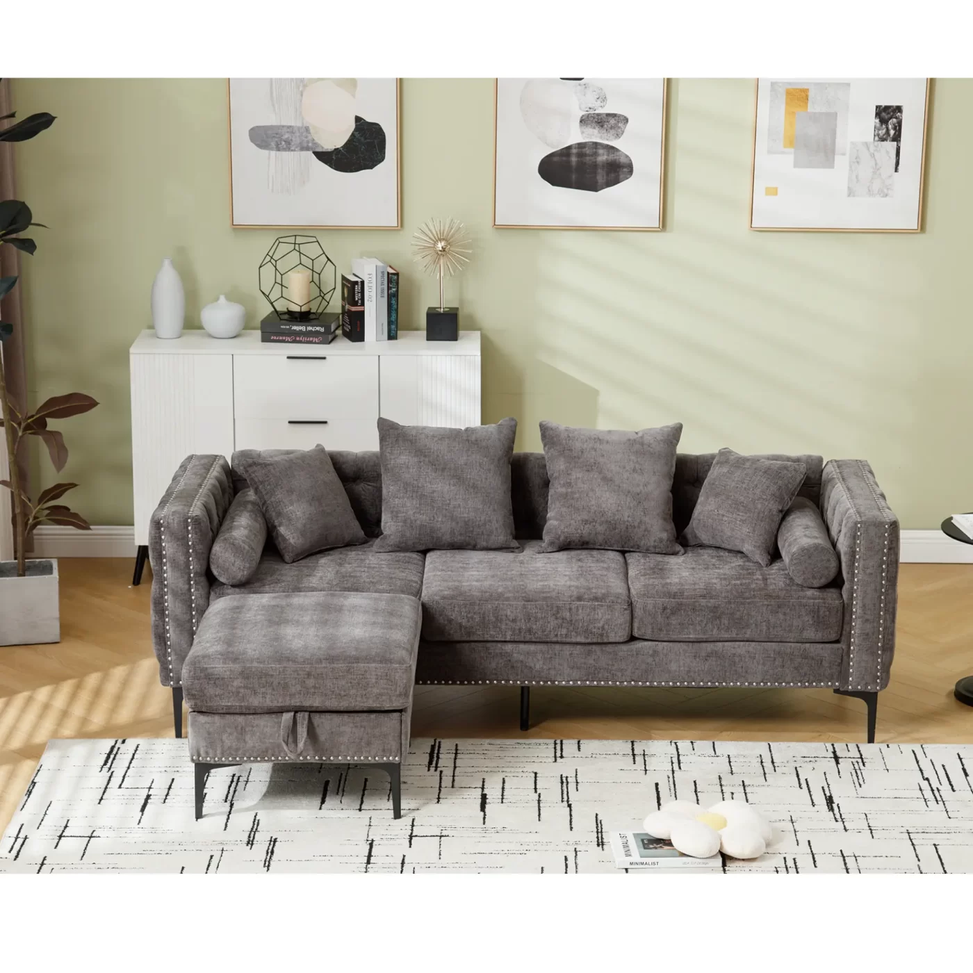 L Shaped Sectional Sofa , Convertible Storage Ottoman,Chenille ,Square Arm, Modern Tufted Couch ,3 Seater, And Nailhead, Dark gray