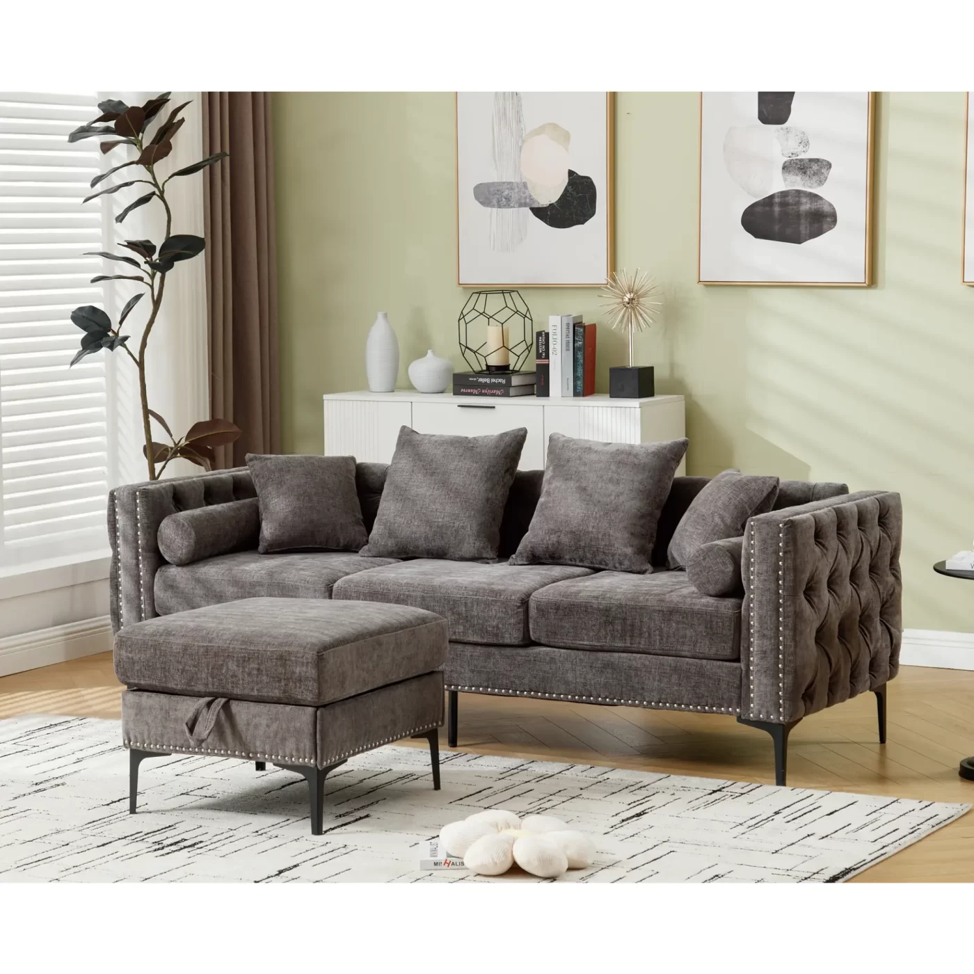 L Shaped Sectional Sofa , Convertible Storage Ottoman,Chenille ,Square Arm, Modern Tufted Couch ,3 Seater, And Nailhead, Dark gray