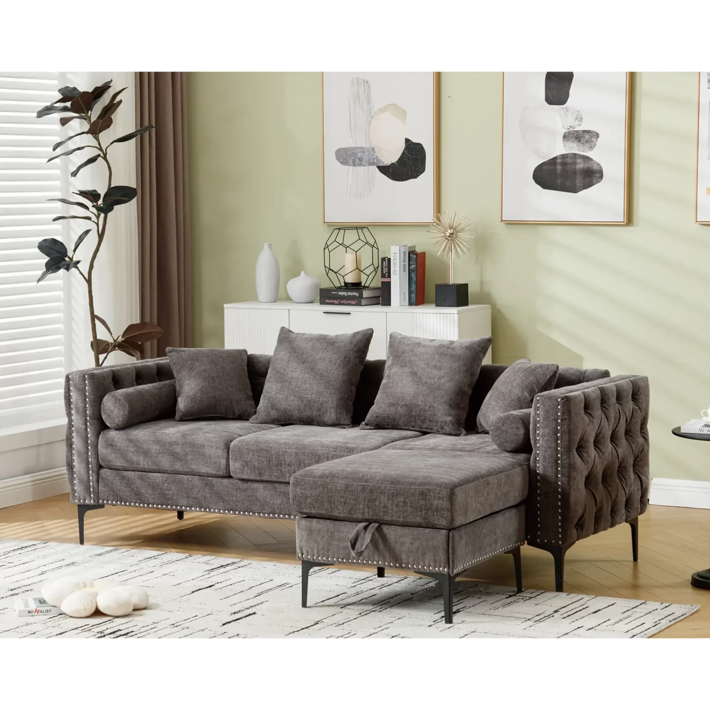 L Shaped Sectional Sofa , Convertible Storage Ottoman,Chenille ,Square Arm, Modern Tufted Couch ,3 Seater, And Nailhead, Dark gray