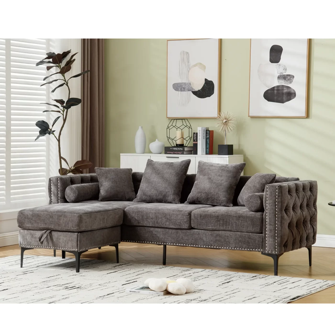 L Shaped Sectional Sofa , Convertible Storage Ottoman,Chenille ,Square Arm, Modern Tufted Couch ,3 Seater, And Nailhead, Dark gray