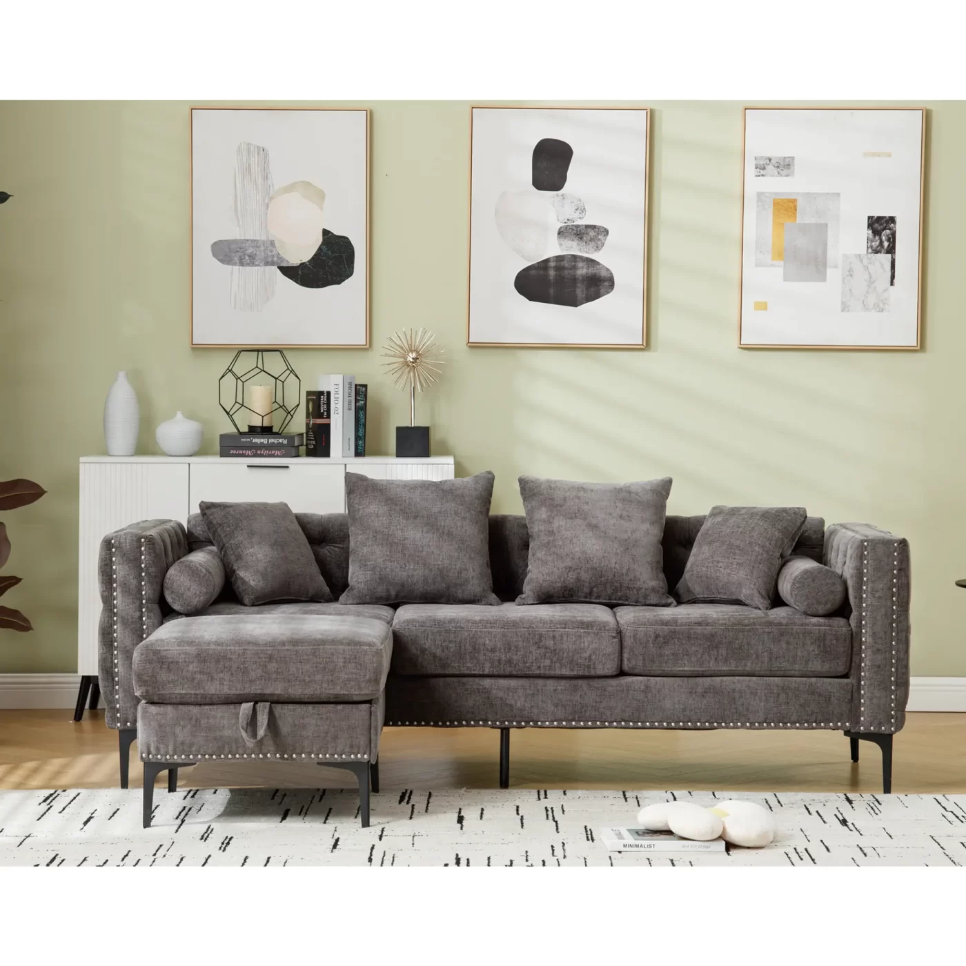L Shaped Sectional Sofa , Convertible Storage Ottoman,Chenille ,Square Arm, Modern Tufted Couch ,3 Seater, And Nailhead, Dark gray