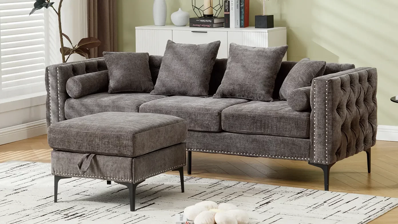 L Shaped Sectional Sofa , Convertible Storage Ottoman,Chenille ,Square Arm, Modern Tufted Couch ,3 Seater, And Nailhead, Dark gray