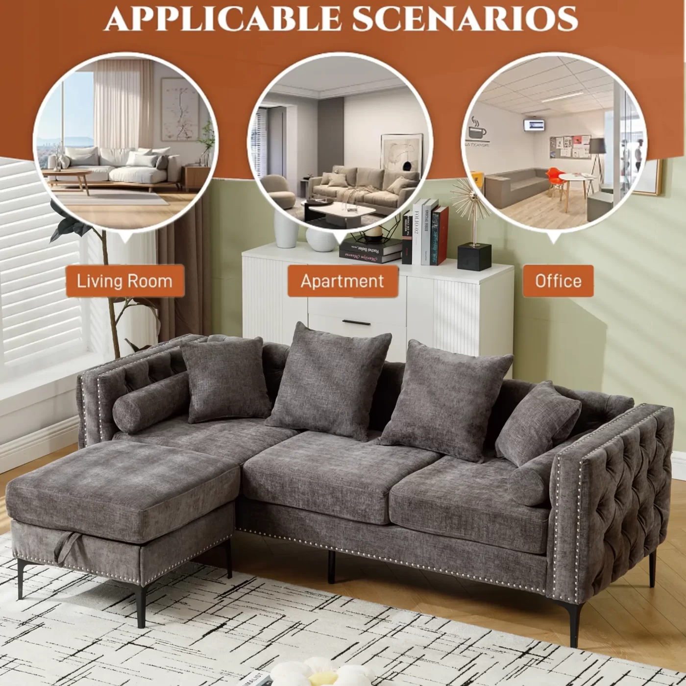 L Shaped Sectional Sofa , Convertible Storage Ottoman,Chenille ,Square Arm, Modern Tufted Couch ,3 Seater, And Nailhead, Dark gray