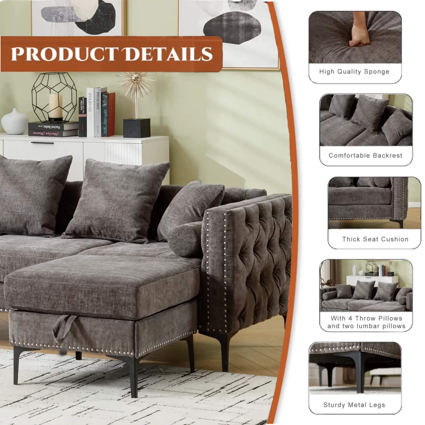L Shaped Sectional Sofa , Convertible Storage Ottoman,Chenille ,Square Arm, Modern Tufted Couch ,3 Seater, And Nailhead, Dark gray