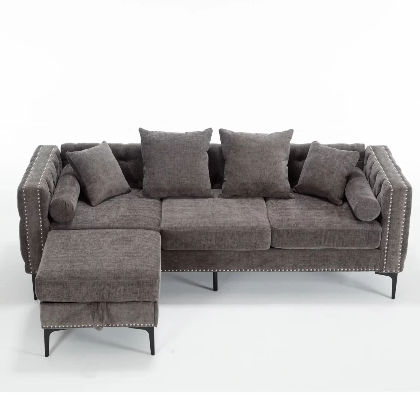 L Shaped Sectional Sofa , Convertible Storage Ottoman,Chenille ,Square Arm, Modern Tufted Couch ,3 Seater, And Nailhead, Dark gray