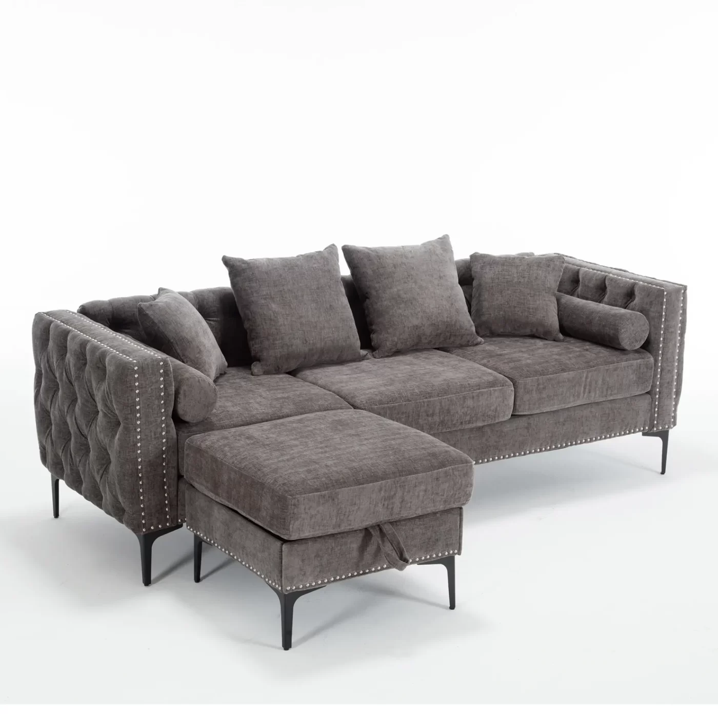 L Shaped Sectional Sofa , Convertible Storage Ottoman,Chenille ,Square Arm, Modern Tufted Couch ,3 Seater, And Nailhead, Dark gray