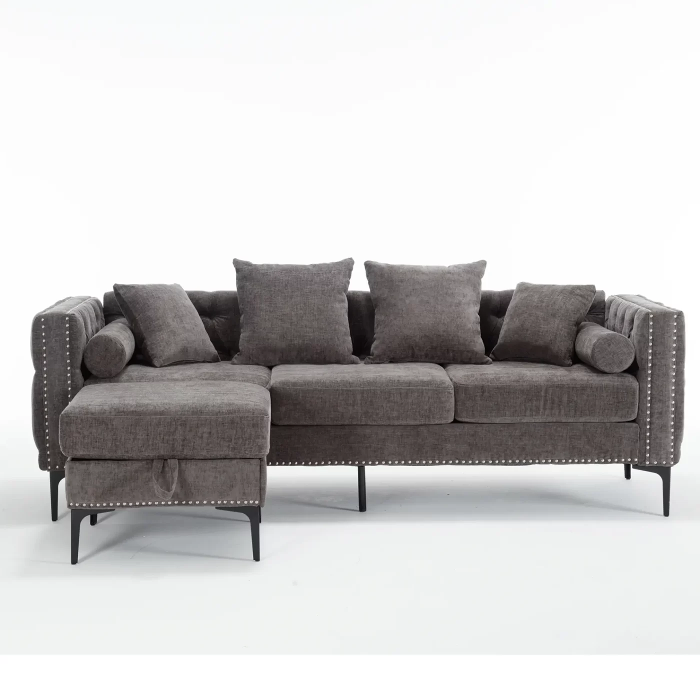 L Shaped Sectional Sofa , Convertible Storage Ottoman,Chenille ,Square Arm, Modern Tufted Couch ,3 Seater, And Nailhead, Dark gray