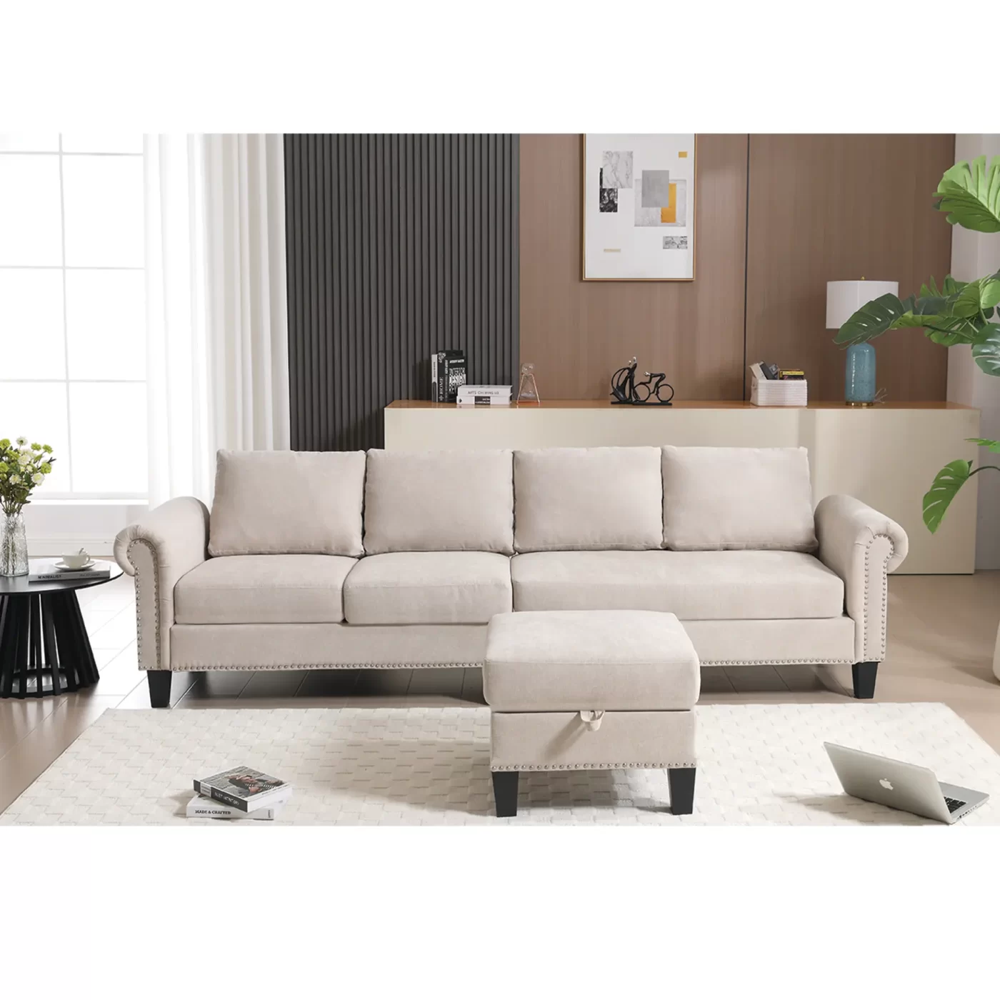 Convertible Sectional Sofa with Storage,L-shaped sofa,Four-seater sofa,Modern Linen Fabric Sectional Couches for Living Room, Beige