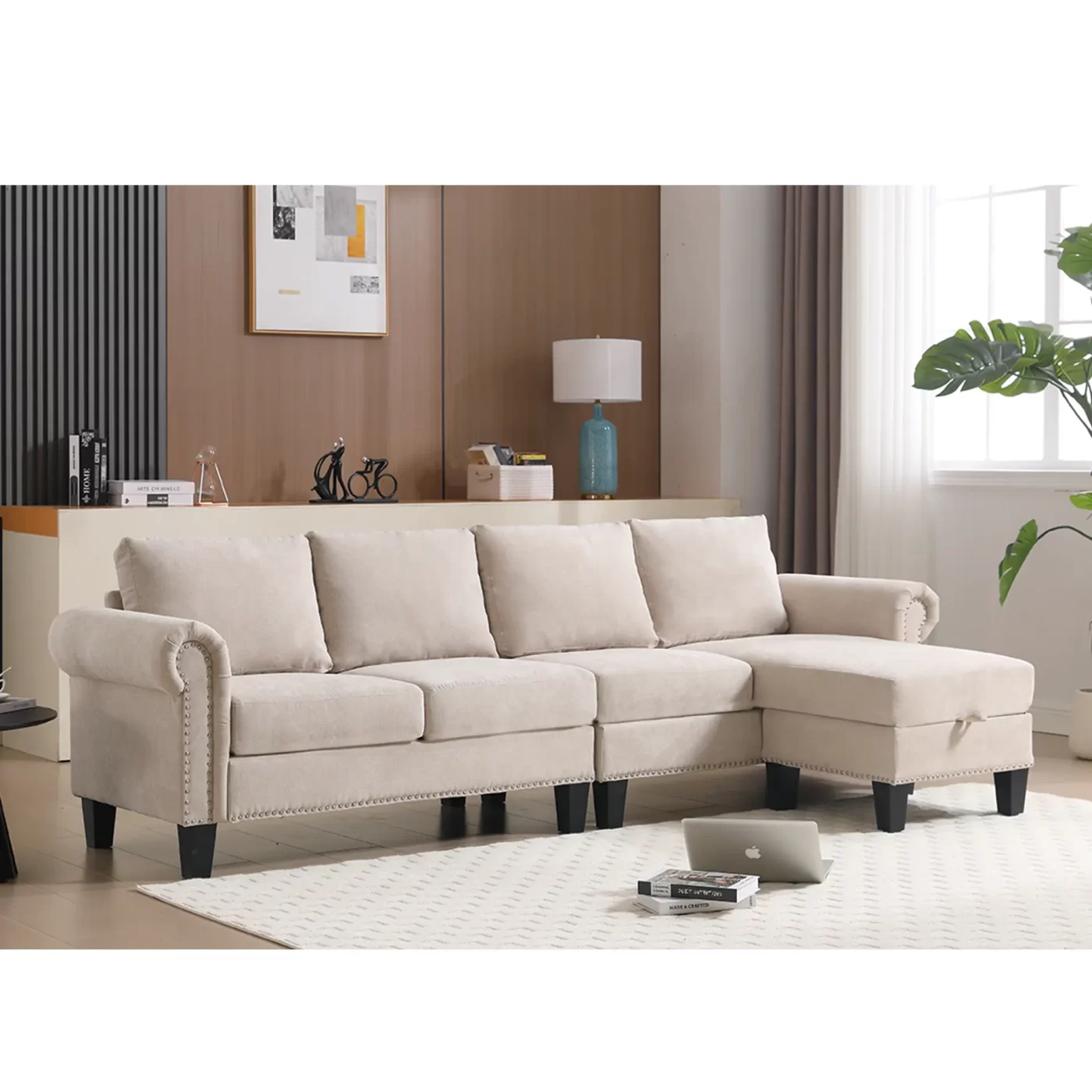 Convertible Sectional Sofa with Storage,L-shaped sofa,Four-seater sofa,Modern Linen Fabric Sectional Couches for Living Room, Beige