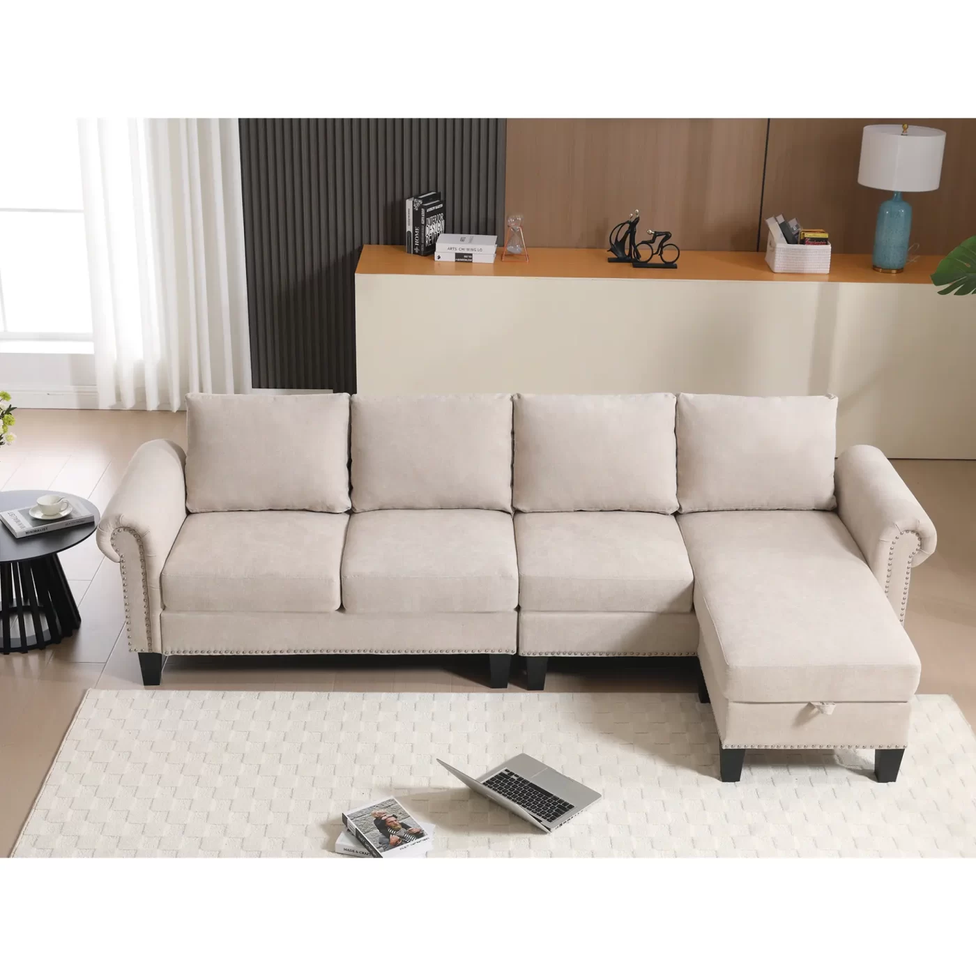 Convertible Sectional Sofa with Storage,L-shaped sofa,Four-seater sofa,Modern Linen Fabric Sectional Couches for Living Room, Beige