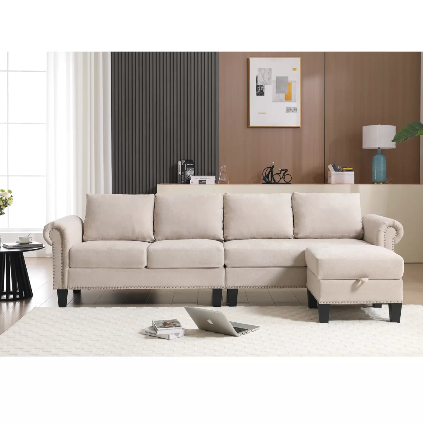 Convertible Sectional Sofa with Storage,L-shaped sofa,Four-seater sofa,Modern Linen Fabric Sectional Couches for Living Room, Beige