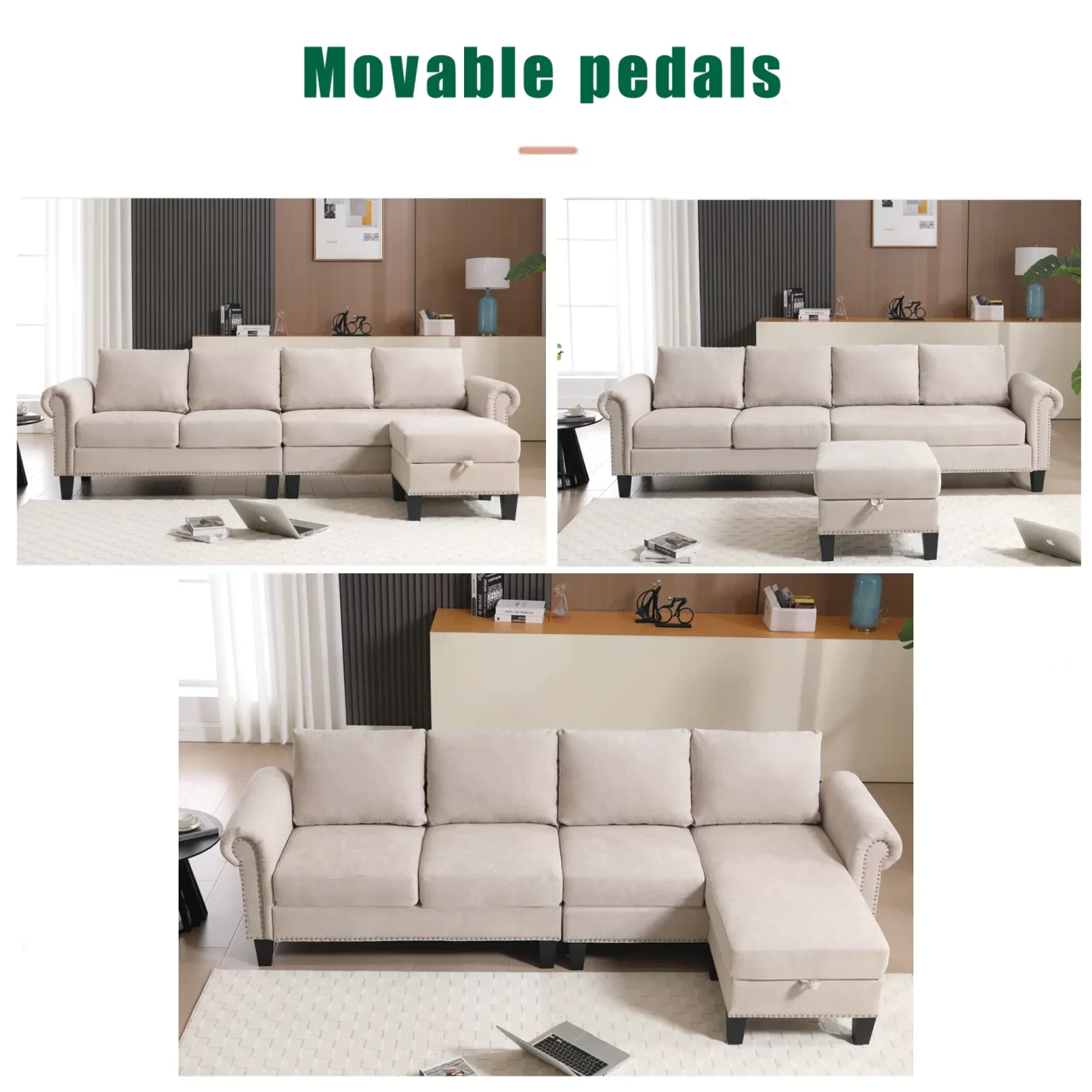 Convertible Sectional Sofa with Storage,L-shaped sofa,Four-seater sofa,Modern Linen Fabric Sectional Couches for Living Room, Beige