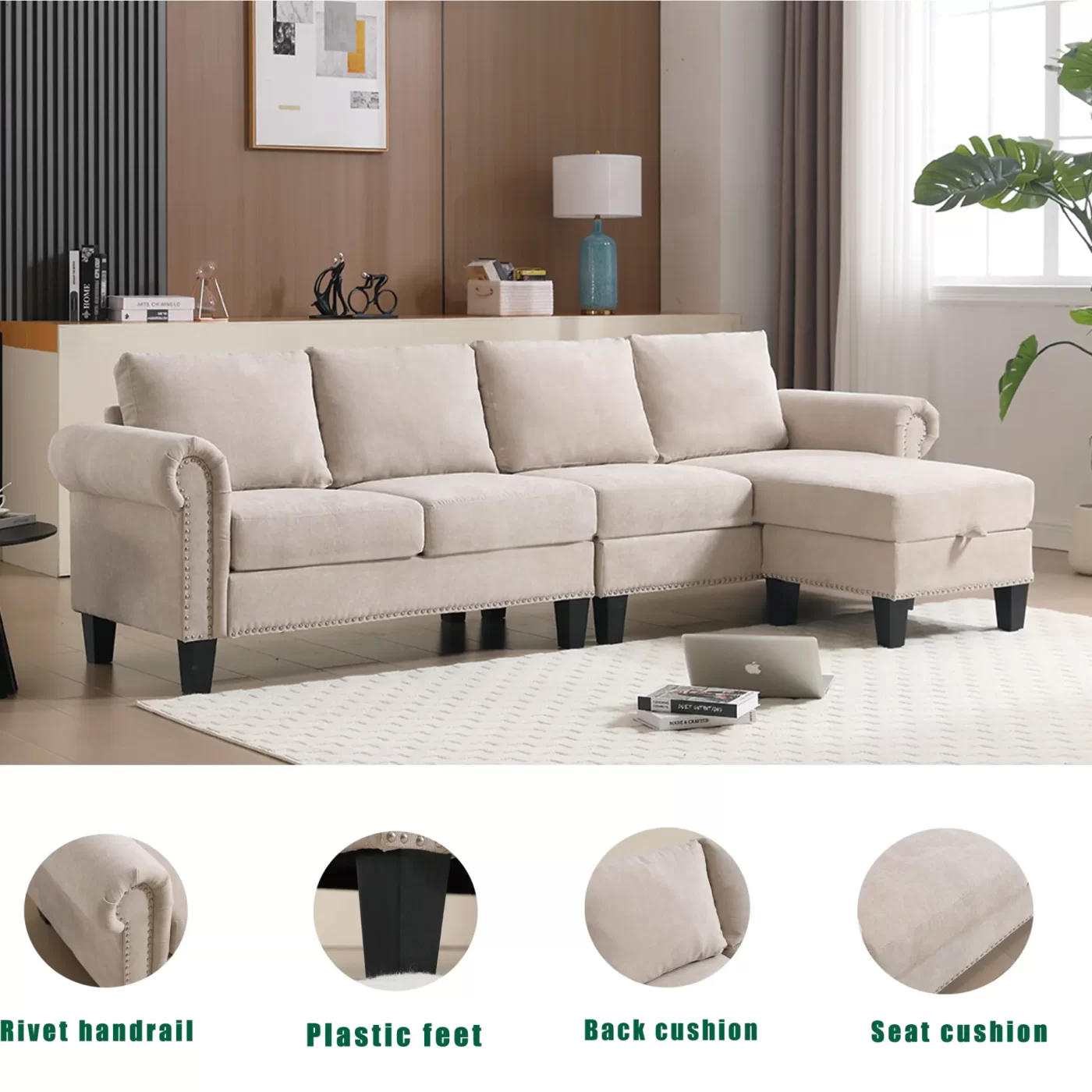 Convertible Sectional Sofa with Storage,L-shaped sofa,Four-seater sofa,Modern Linen Fabric Sectional Couches for Living Room, Beige