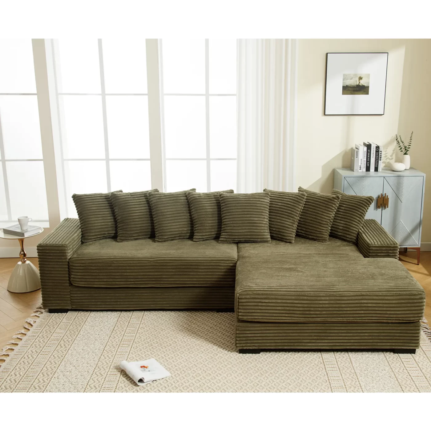 Oversized Two-Piece Couches, L Shaped Sofa, Corduroy, Right Chaise Daybed,with Armrests,Eight Throw Pillows,Corner Sofa,Easy To Assemble, Green