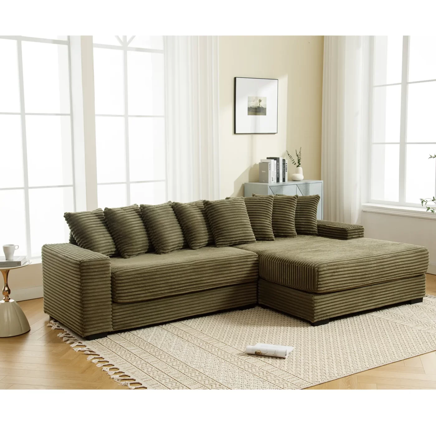 Oversized Two-Piece Couches, L Shaped Sofa, Corduroy, Right Chaise Daybed,with Armrests,Eight Throw Pillows,Corner Sofa,Easy To Assemble, Green