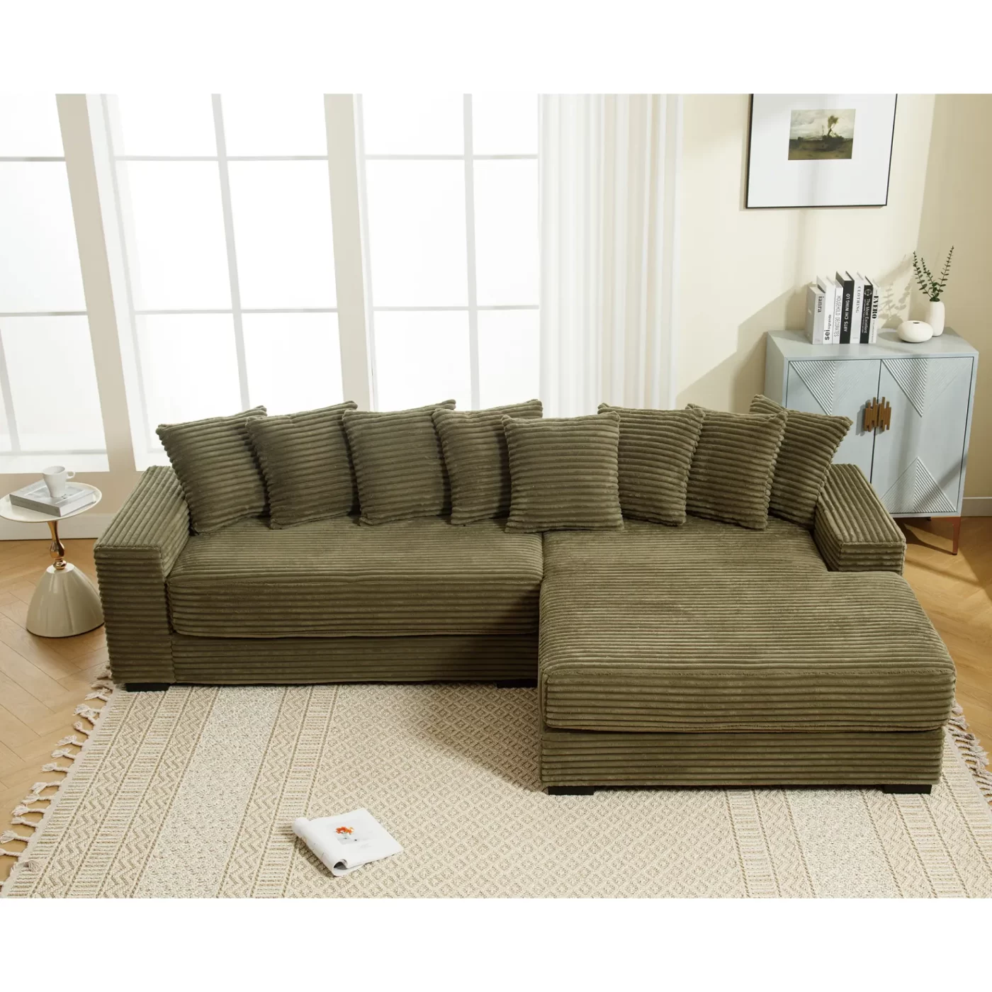 Oversized Two-Piece Couches, L Shaped Sofa, Corduroy, Right Chaise Daybed,with Armrests,Eight Throw Pillows,Corner Sofa,Easy To Assemble, Green