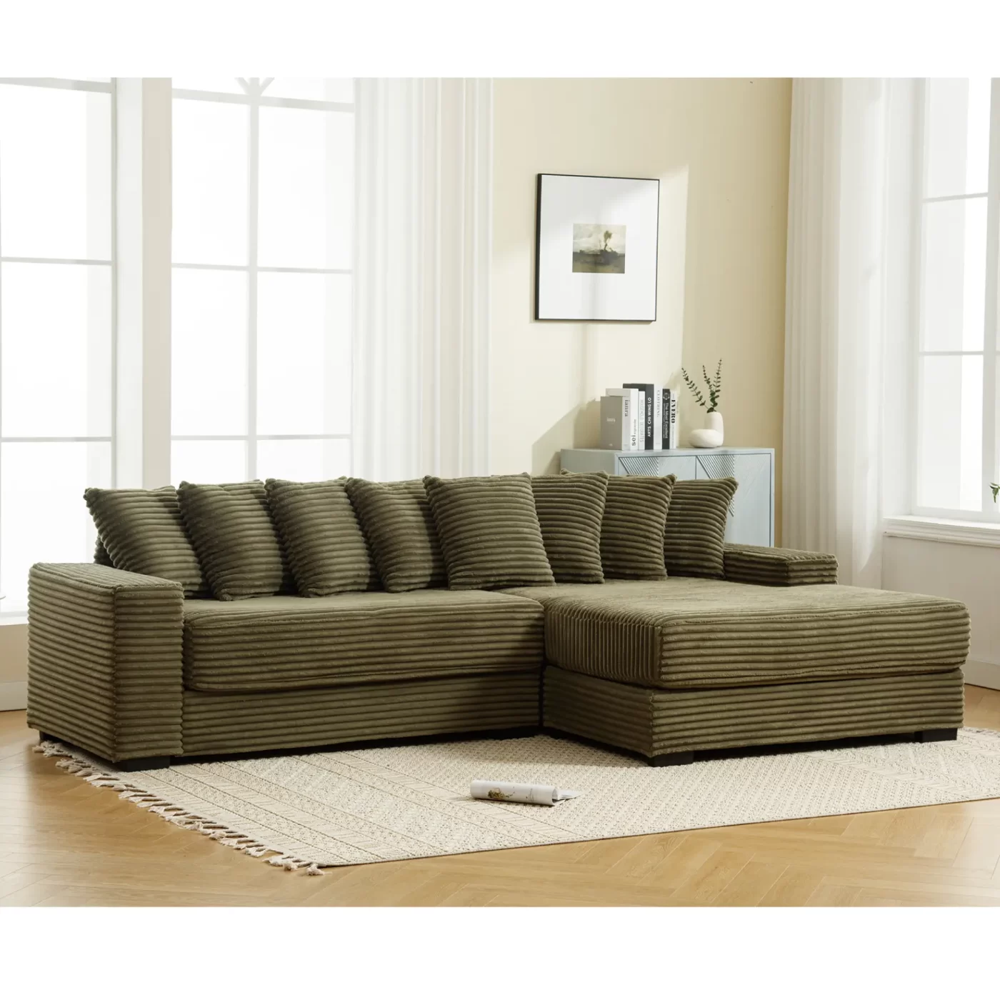 Oversized Two-Piece Couches, L Shaped Sofa, Corduroy, Right Chaise Daybed,with Armrests,Eight Throw Pillows,Corner Sofa,Easy To Assemble, Green