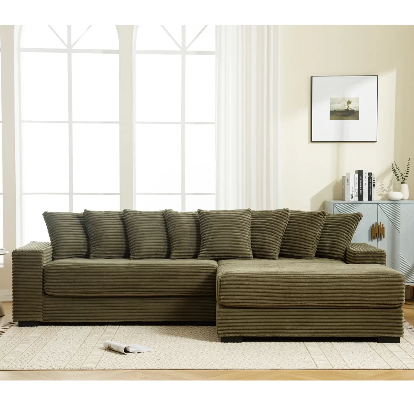 Oversized Two-Piece Couches, L Shaped Sofa, Corduroy, Right Chaise Daybed,with Armrests,Eight Throw Pillows,Corner Sofa,Easy To Assemble, Green