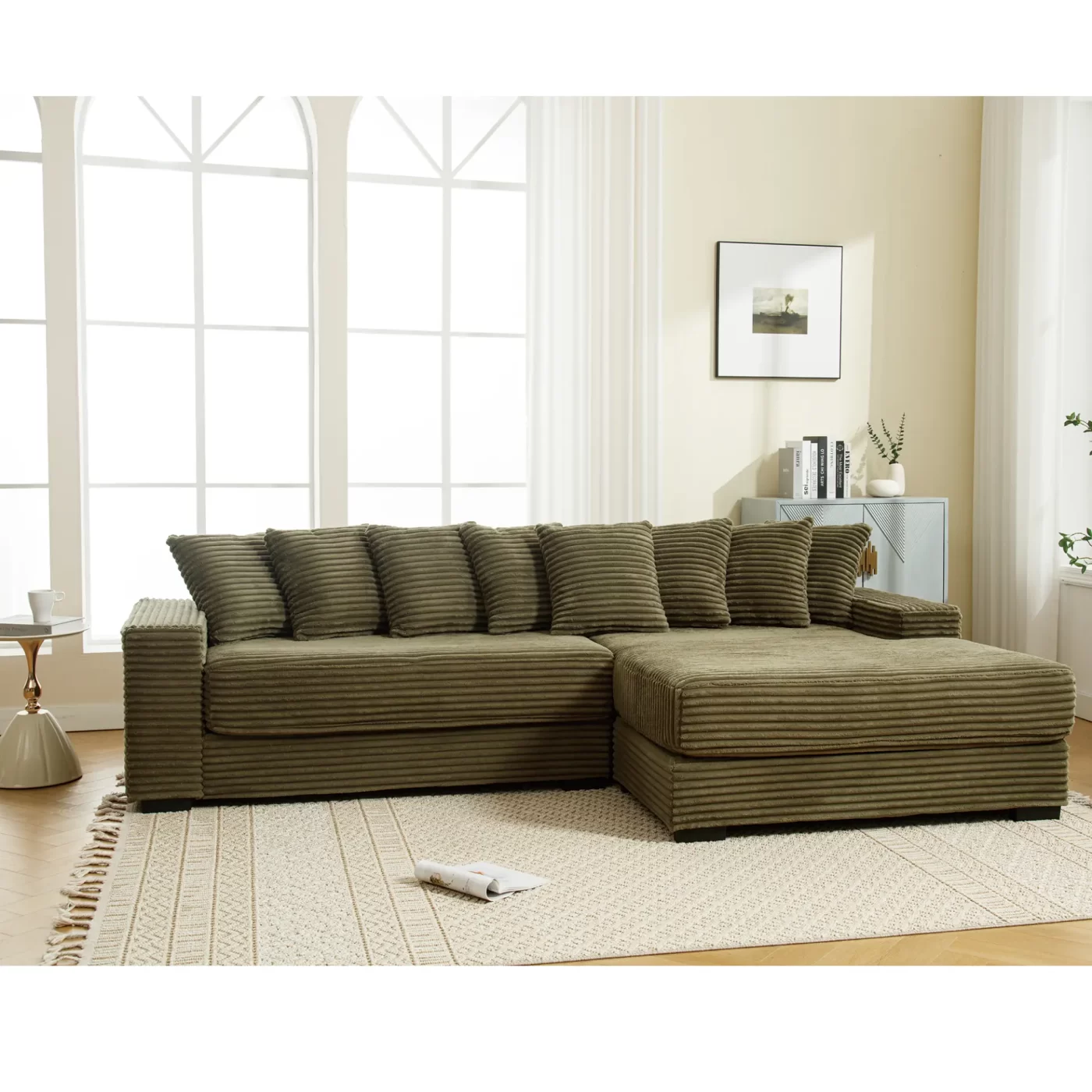 Oversized Two-Piece Couches, L Shaped Sofa, Corduroy, Right Chaise Daybed,with Armrests,Eight Throw Pillows,Corner Sofa,Easy To Assemble, Green