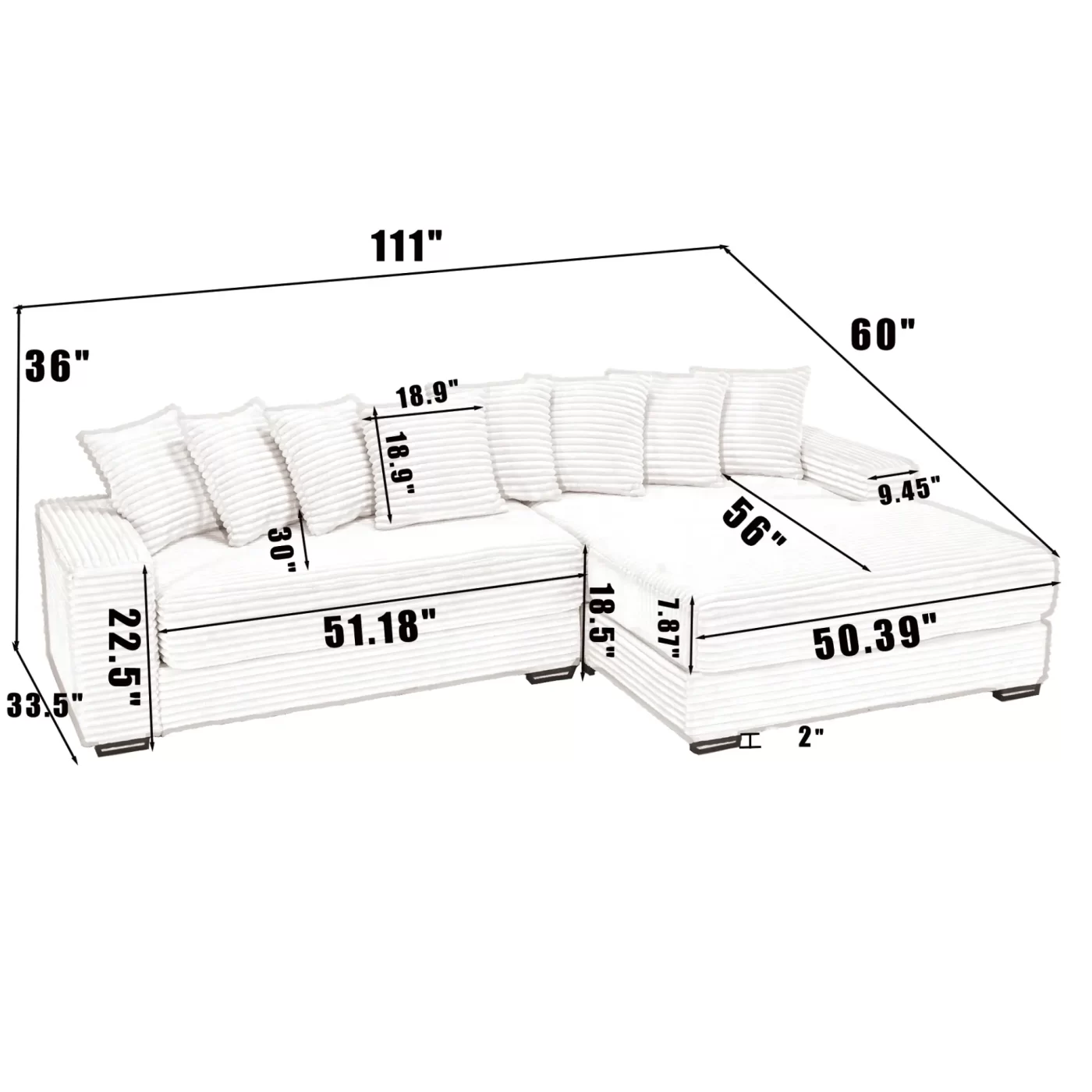 Oversized Two-Piece Couches, L Shaped Sofa, Corduroy, Right Chaise Daybed,with Armrests,Eight Throw Pillows,Corner Sofa,Easy To Assemble, Green
