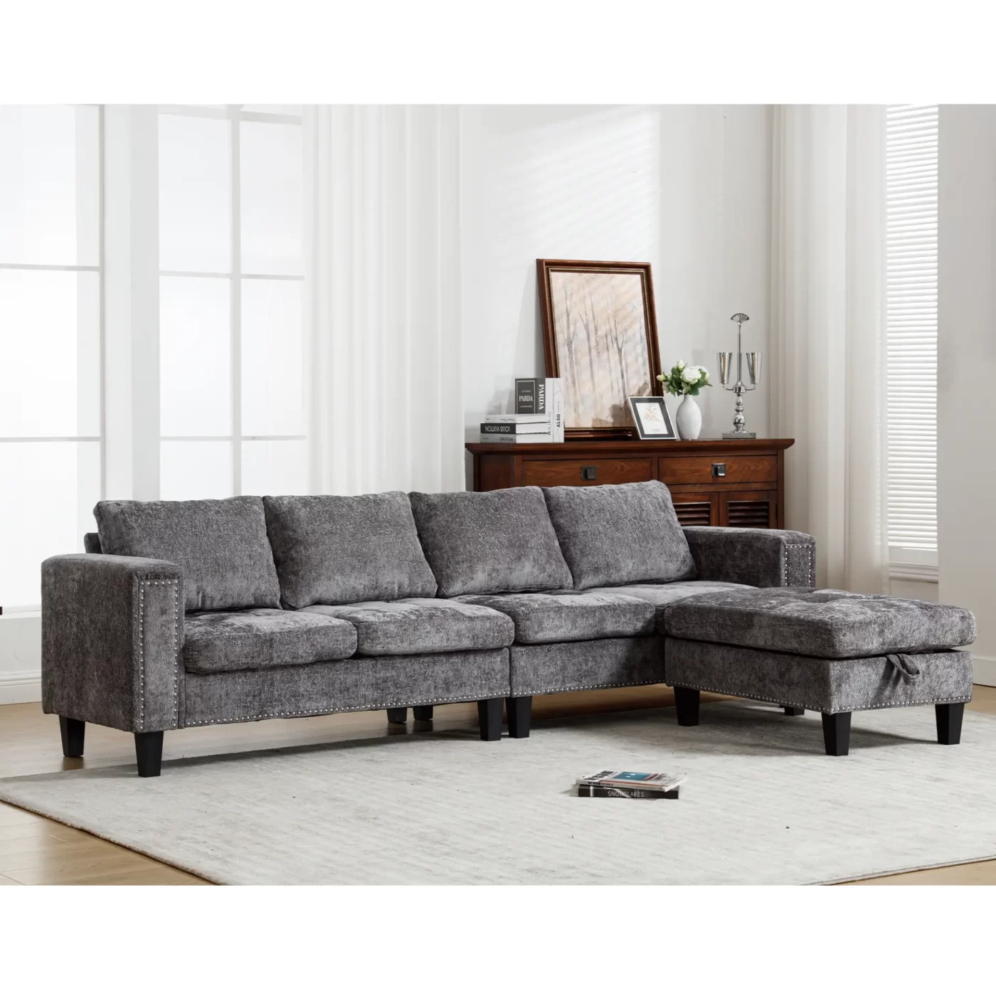 5 Seat Modular Sofa,with Storage Ottoman, Convertible Sectional Sofa, L Shaped Couch , Reversible Chaise ,Riveted sofa,Chenille, Gray