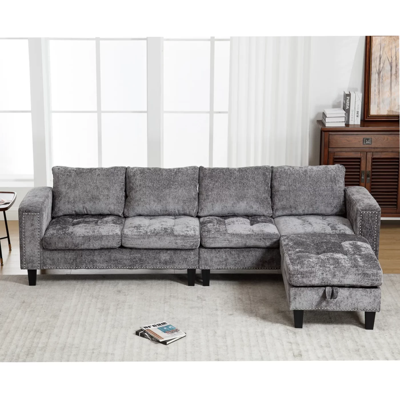 5 Seat Modular Sofa,with Storage Ottoman, Convertible Sectional Sofa, L Shaped Couch , Reversible Chaise ,Riveted sofa,Chenille, Gray