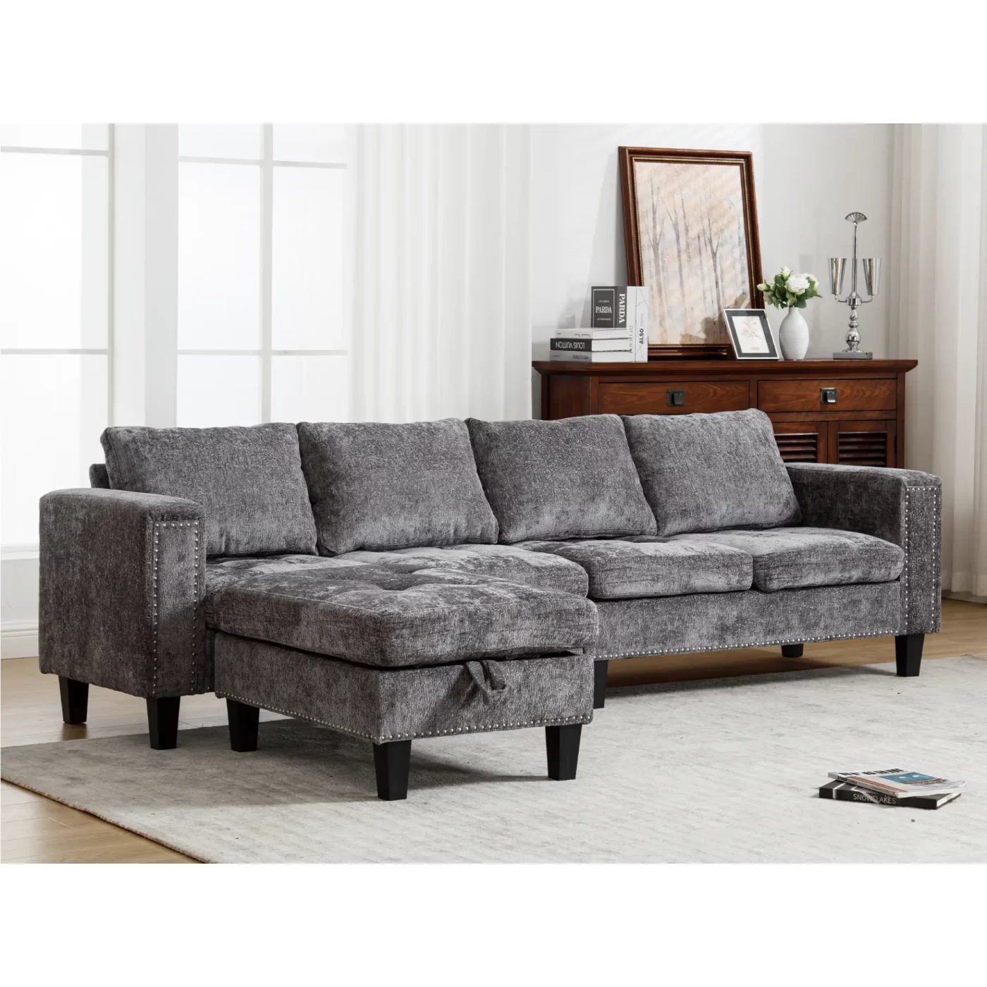 5 Seat Modular Sofa,with Storage Ottoman, Convertible Sectional Sofa, L Shaped Couch , Reversible Chaise ,Riveted sofa,Chenille, Gray