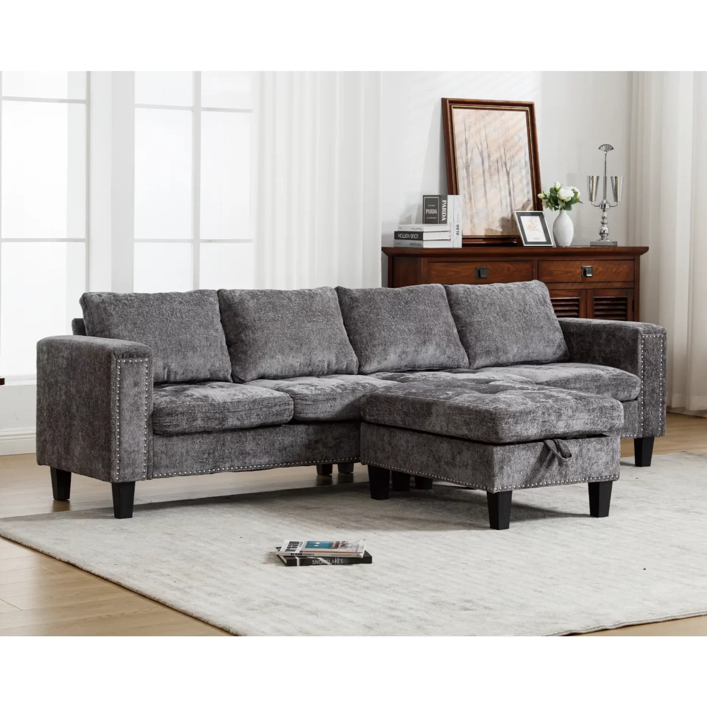 5 Seat Modular Sofa,with Storage Ottoman, Convertible Sectional Sofa, L Shaped Couch , Reversible Chaise ,Riveted sofa,Chenille, Gray