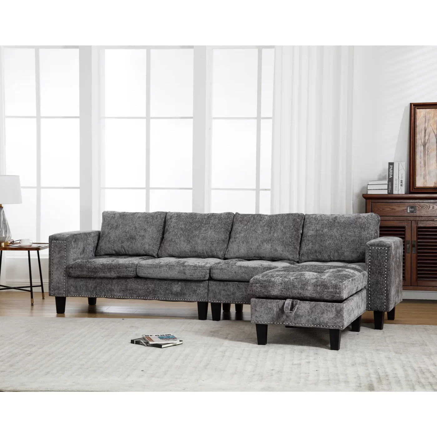 5 Seat Modular Sofa,with Storage Ottoman, Convertible Sectional Sofa, L Shaped Couch , Reversible Chaise ,Riveted sofa,Chenille, Gray