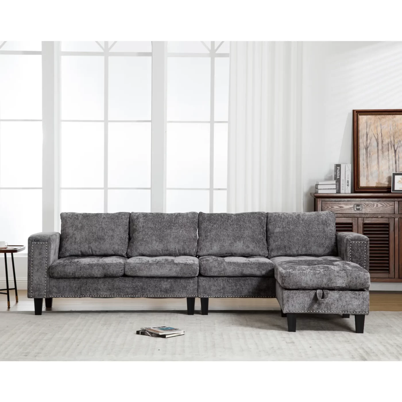 5 Seat Modular Sofa,with Storage Ottoman, Convertible Sectional Sofa, L Shaped Couch , Reversible Chaise ,Riveted sofa,Chenille, Gray