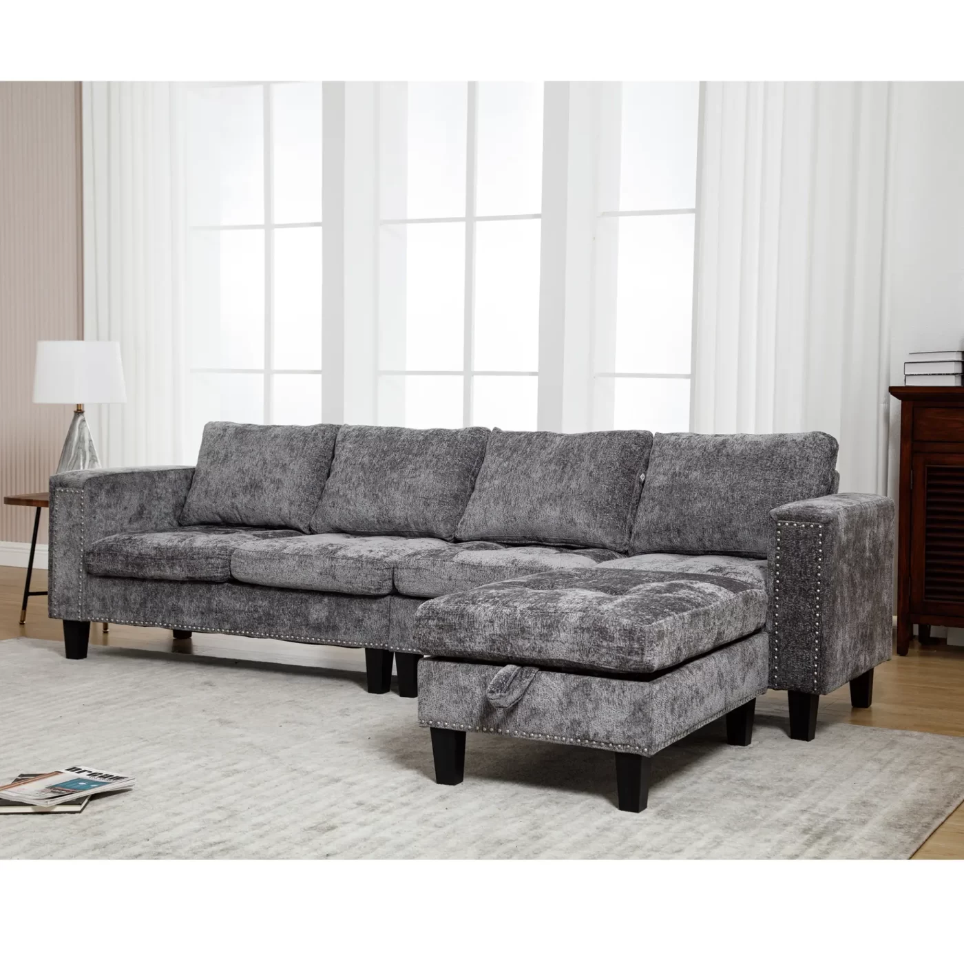 5 Seat Modular Sofa,with Storage Ottoman, Convertible Sectional Sofa, L Shaped Couch , Reversible Chaise ,Riveted sofa,Chenille, Gray