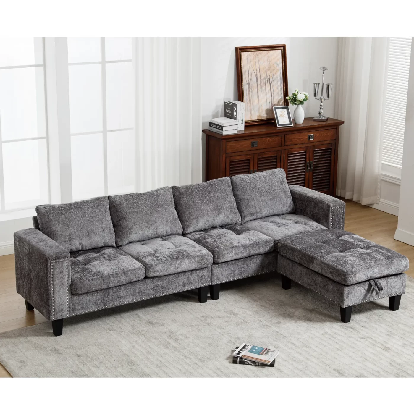 5 Seat Modular Sofa,with Storage Ottoman, Convertible Sectional Sofa, L Shaped Couch , Reversible Chaise ,Riveted sofa,Chenille, Gray