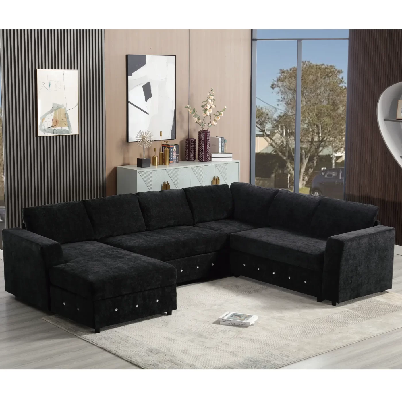 110.75" Sectional Sofa,Oversized modular sofa,Chaise Storage, Modern U Shaped Couch , Upholstered Sofas,Chenille,Crystal button , Living Room, Apartment, Black