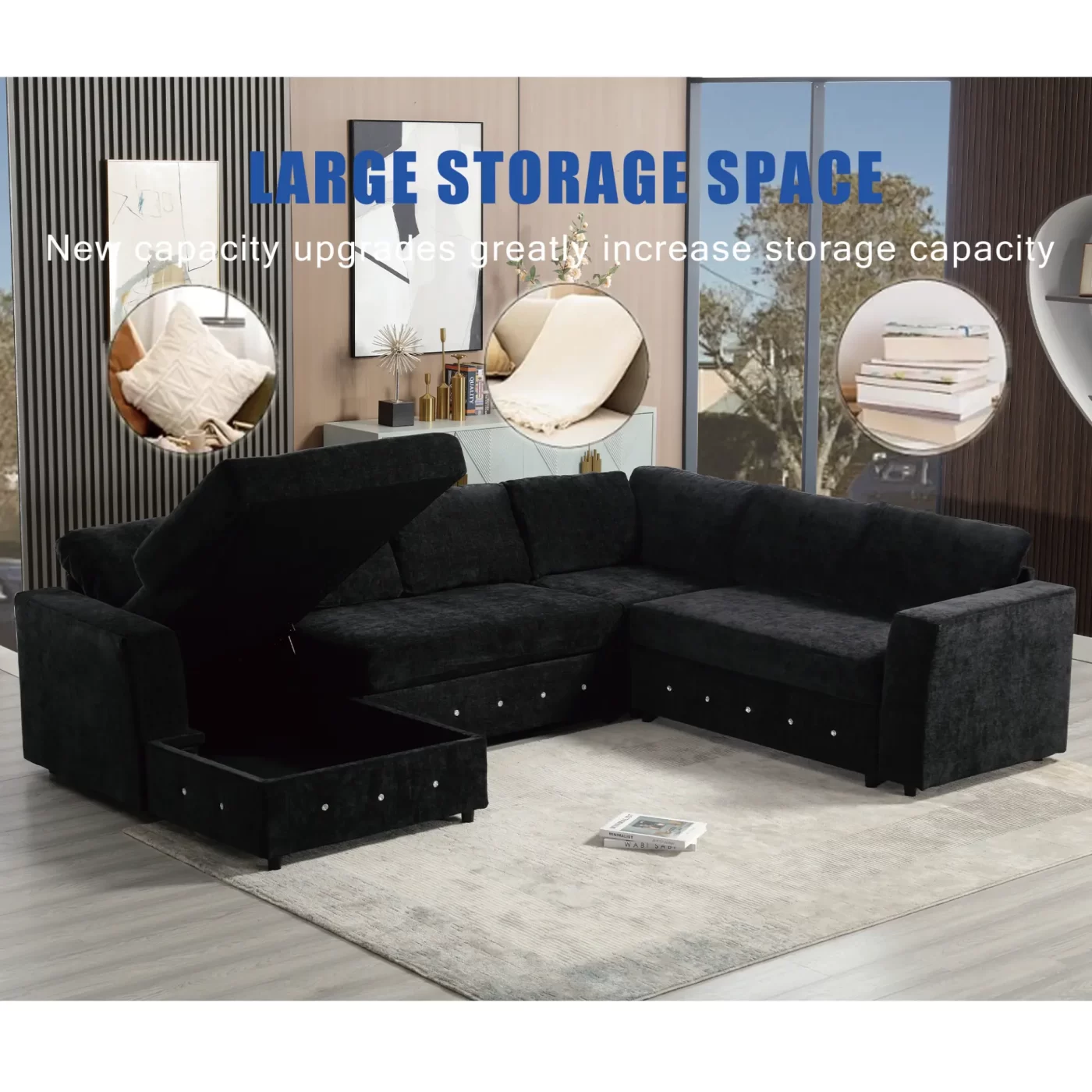 110.75" Sectional Sofa,Oversized modular sofa,Chaise Storage, Modern U Shaped Couch , Upholstered Sofas,Chenille,Crystal button , Living Room, Apartment, Black