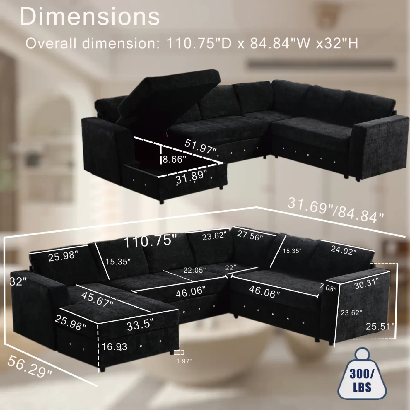 110.75" Sectional Sofa,Oversized modular sofa,Chaise Storage, Modern U Shaped Couch , Upholstered Sofas,Chenille,Crystal button , Living Room, Apartment, Black