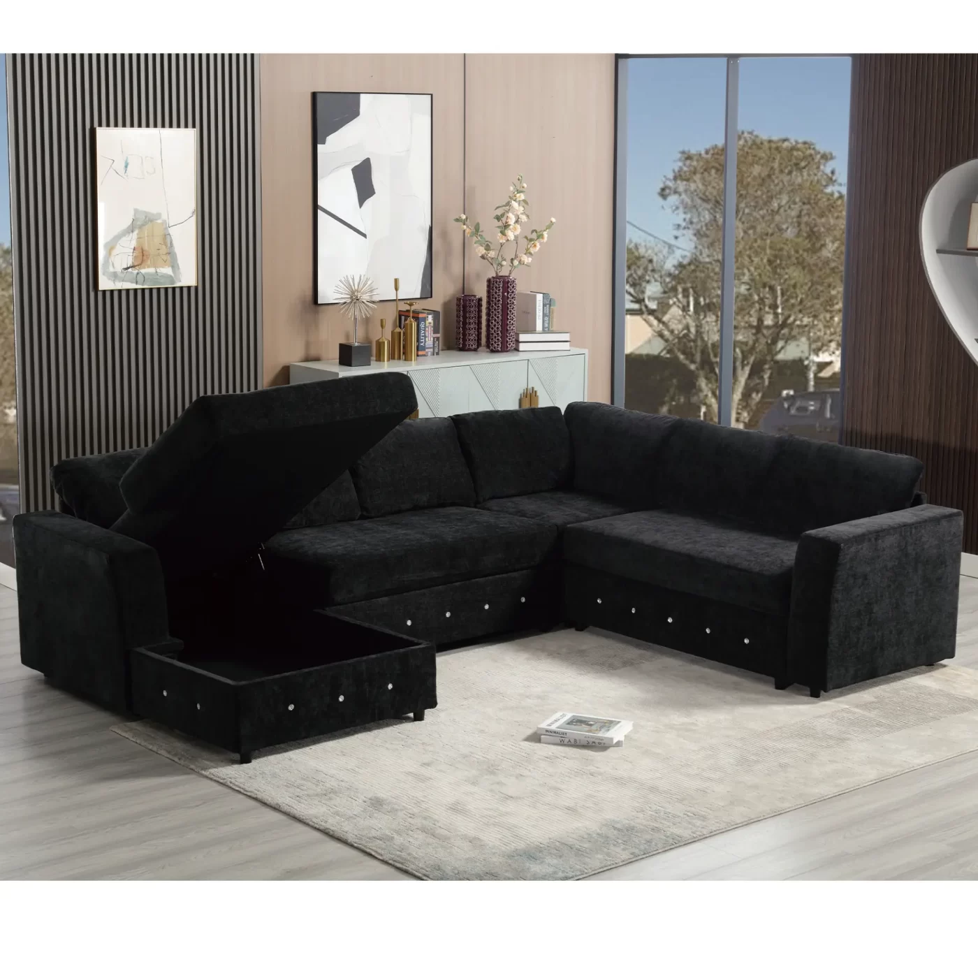 110.75" Sectional Sofa,Oversized modular sofa,Chaise Storage, Modern U Shaped Couch , Upholstered Sofas,Chenille,Crystal button , Living Room, Apartment, Black