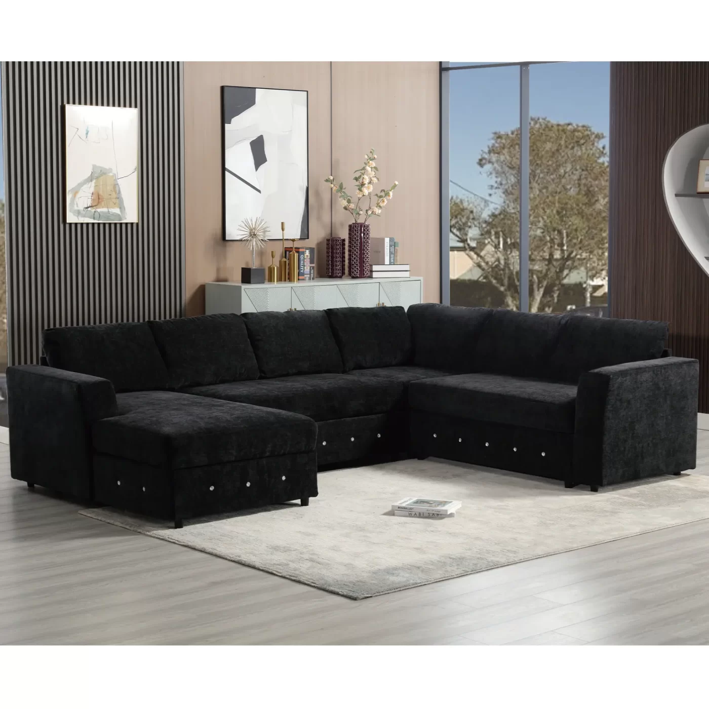 110.75" Sectional Sofa,Oversized modular sofa,Chaise Storage, Modern U Shaped Couch , Upholstered Sofas,Chenille,Crystal button , Living Room, Apartment, Black