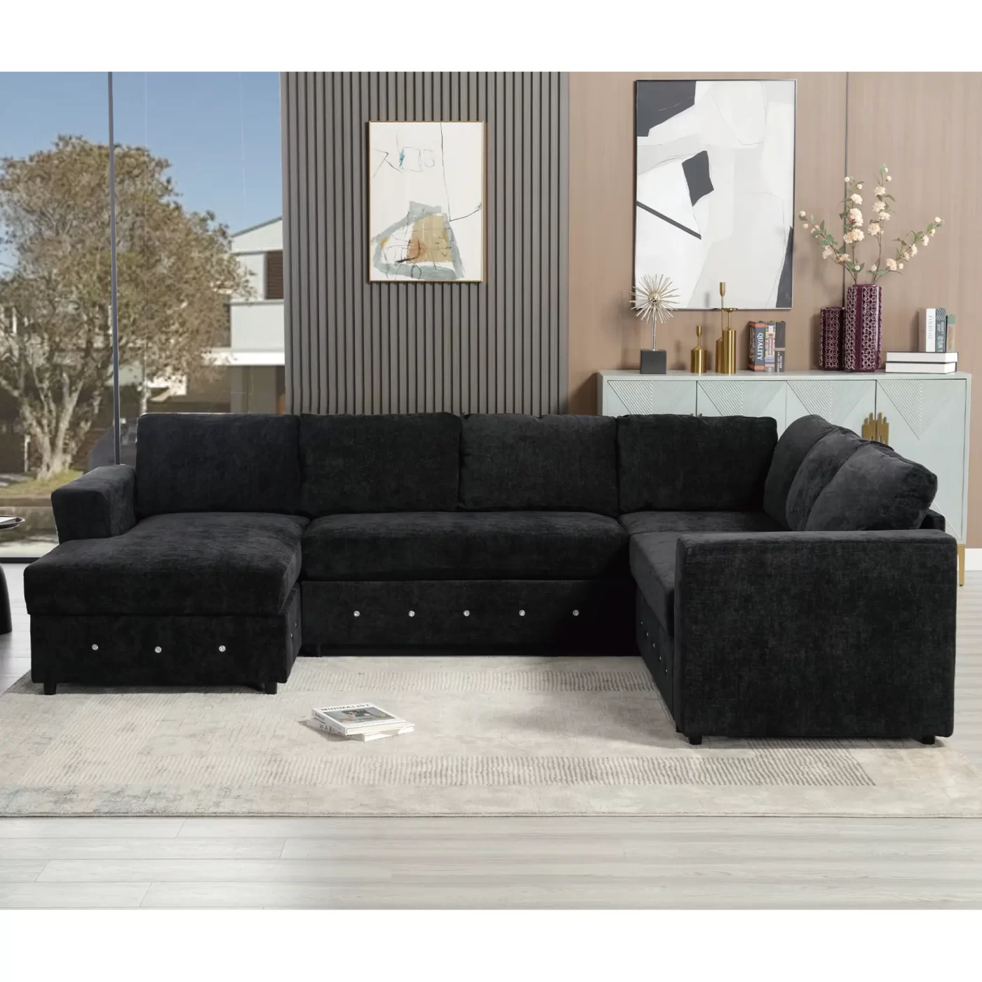 110.75" Sectional Sofa,Oversized modular sofa,Chaise Storage, Modern U Shaped Couch , Upholstered Sofas,Chenille,Crystal button , Living Room, Apartment, Black