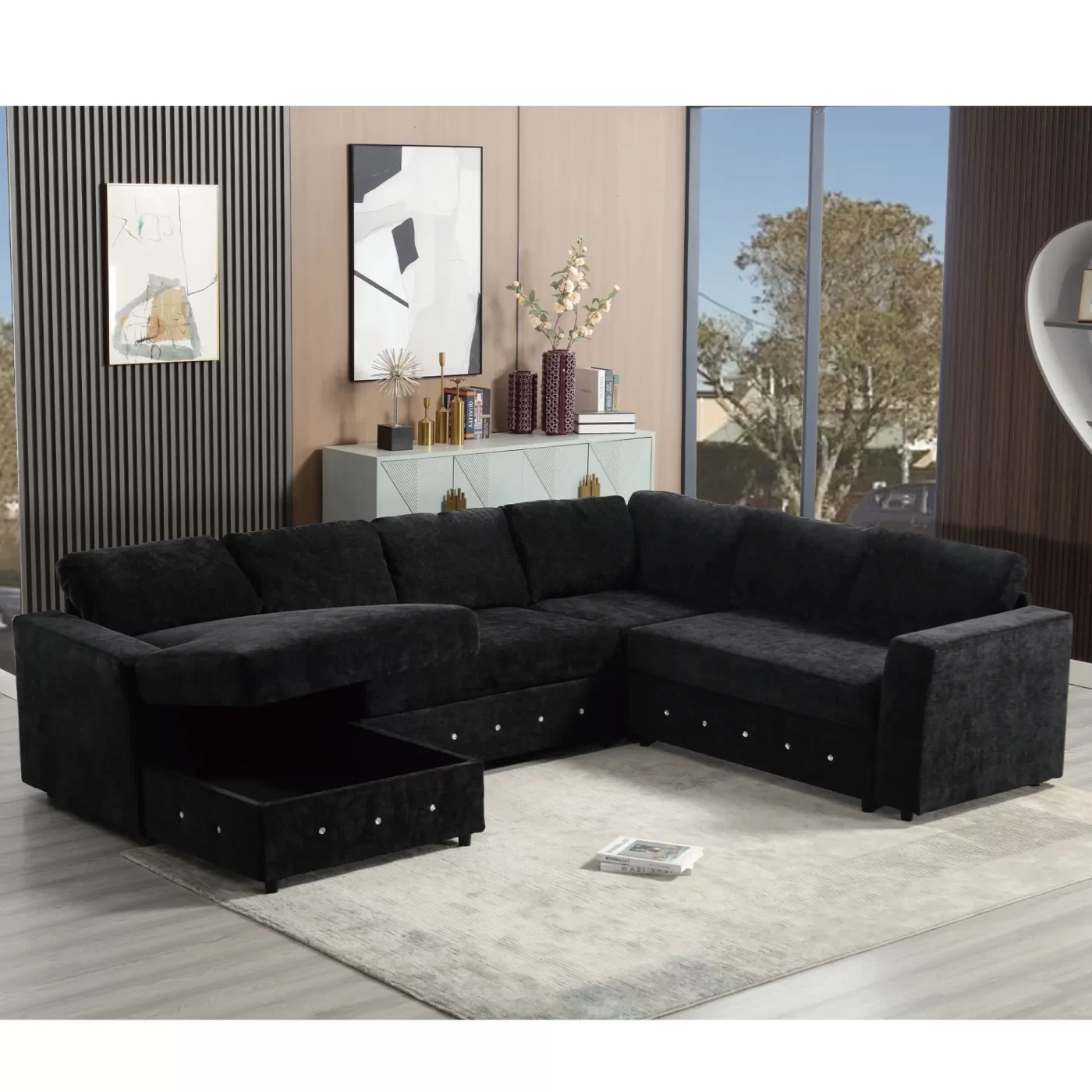 110.75" Sectional Sofa,Oversized modular sofa,Chaise Storage, Modern U Shaped Couch , Upholstered Sofas,Chenille,Crystal button , Living Room, Apartment, Black