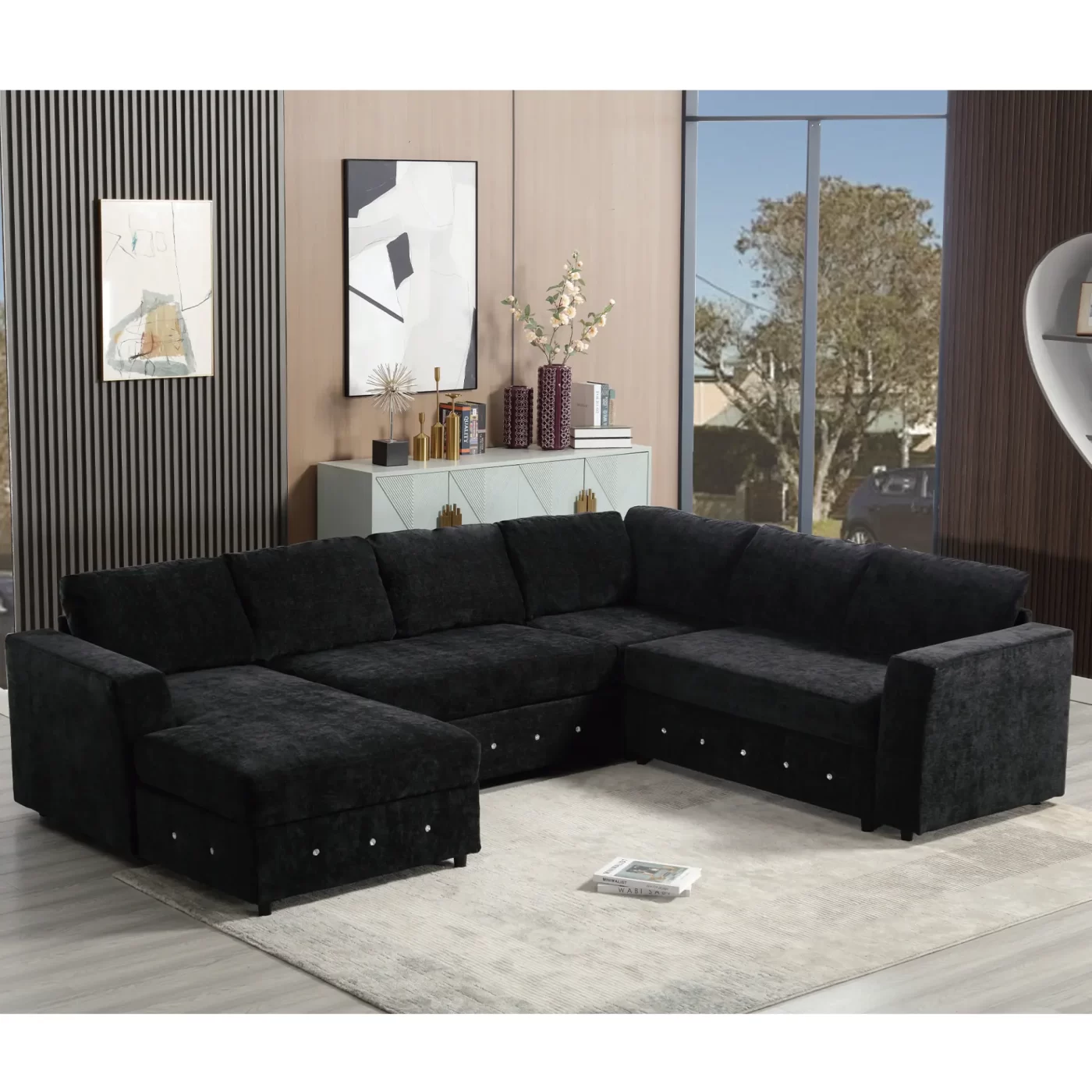 110.75" Sectional Sofa,Oversized modular sofa,Chaise Storage, Modern U Shaped Couch , Upholstered Sofas,Chenille,Crystal button , Living Room, Apartment, Black