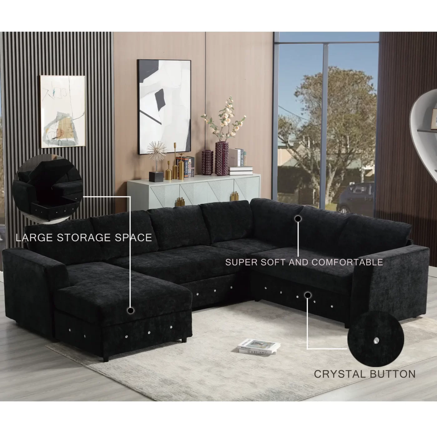110.75" Sectional Sofa,Oversized modular sofa,Chaise Storage, Modern U Shaped Couch , Upholstered Sofas,Chenille,Crystal button , Living Room, Apartment, Black
