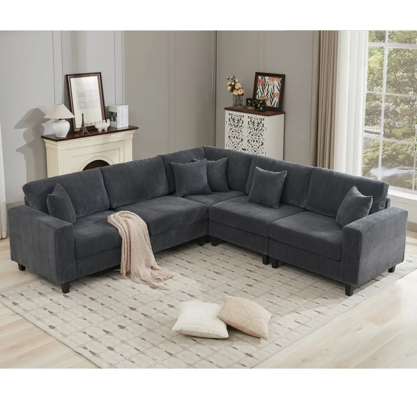Oversized Modular Sectional Sofa Set, L Shaped Couch,Corduroy ,Upholstered,Deep Seat,,5 Seat,5 Throw pillow and 6 back cushion,Living Room, Apartment , Gray